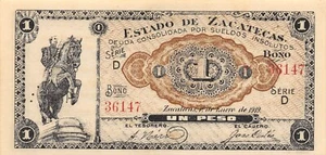 Mexico / Zacatecas  1  Peso   1.1.1919   Series  D  Uncirculated Banknote Qash A - Picture 1 of 2