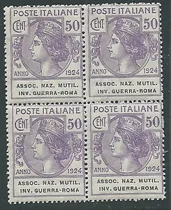 1924 REGNO PARASTATALI ASSOC NAZ MUTIL 50 CENT QUARTINA MNH ** - M52-3 - Foto 1 di 1