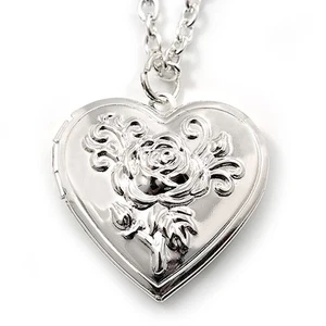 Medium Silver Tone Heart with Rose Motif Locket Pendant - 44cm L/ 6cm Ext - Picture 1 of 5