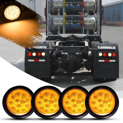 4X Amber LED 4" Round Backup Stop Turn Signal Reverse Tail Lights Truck Trailer - Image 1 of 4