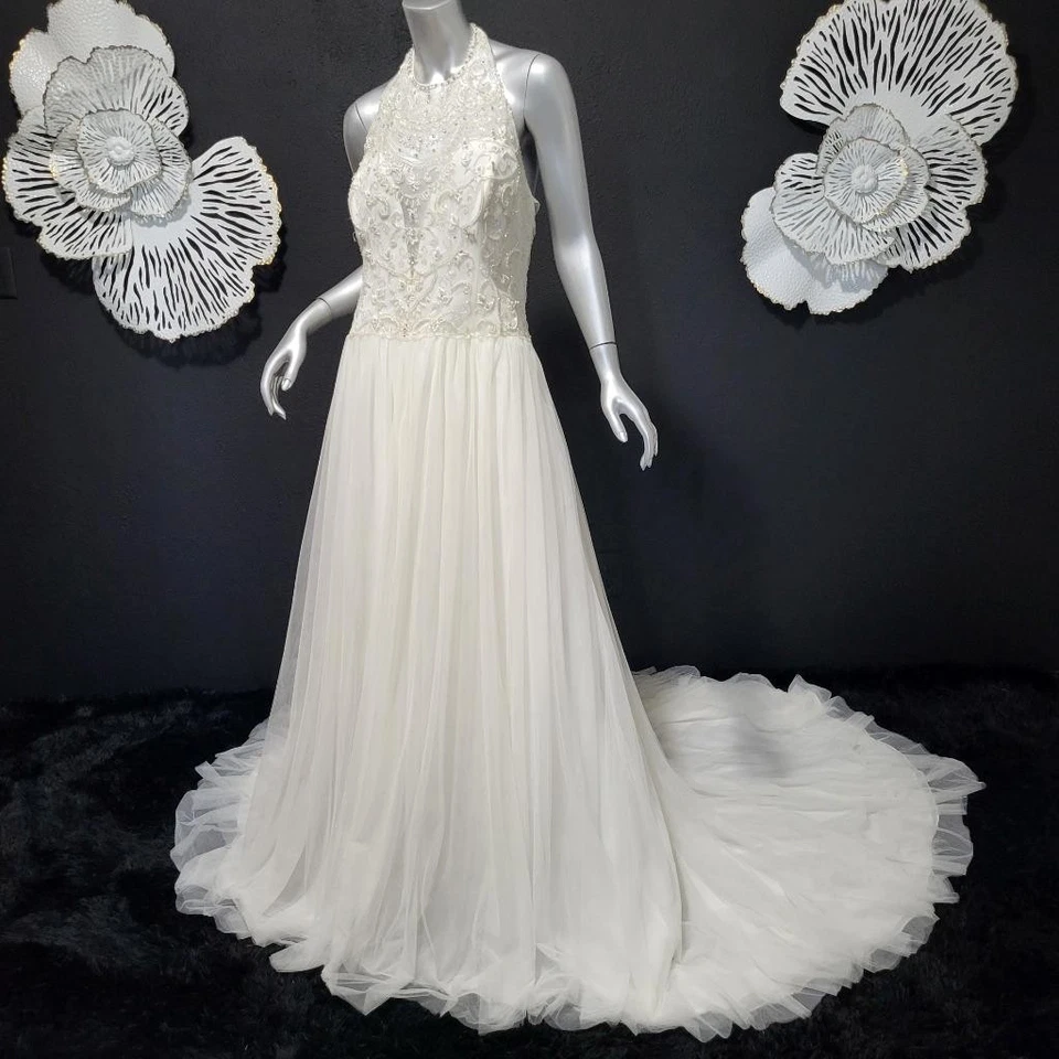 NWT~$1750~SOPHIA TOLLI~10/12~IVORY BEADED LACE FIT & FLARE HALTER WEDDING DRESS - Image 1 of 4