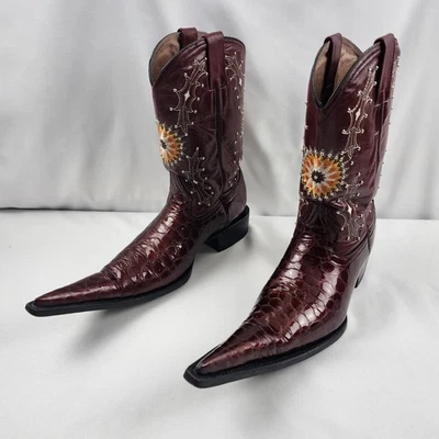 Botas de Vaquero Para Hombre Tarro Cuero Borgoña Bordadas Punta Alargada Talla 9  Foto 1 de 4