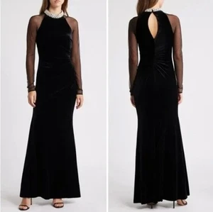 Eliza J verziertes gerafftes Langarm Samtkleid in Schwarz - Größe 8 - Bild 1 von 1