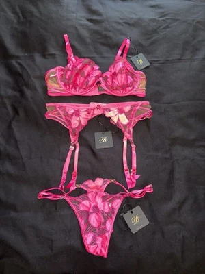Honey Birdette Allie Hot Pink, 3piece 36 D XL Garter Belt Panty M - Image 1 of 4
