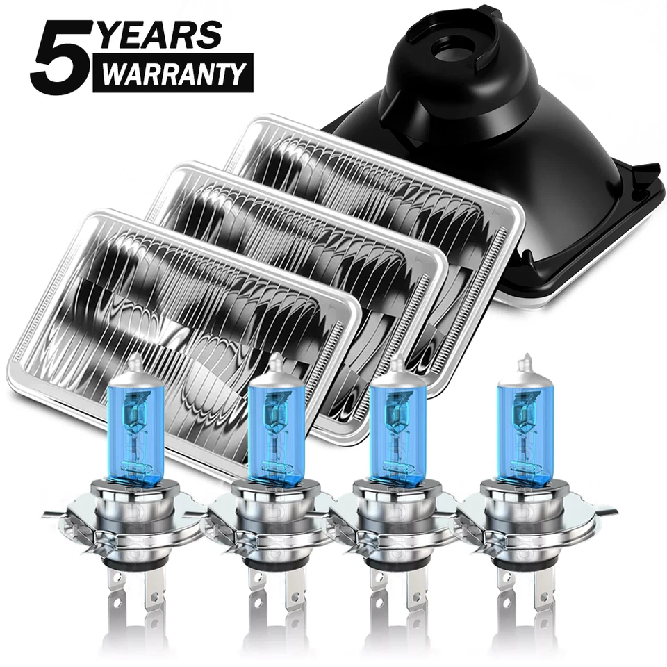 Juego de faros de bombilla de metal con lente de vidrio cristalino halógeno de 4X6" H4 Foto 1 de 4