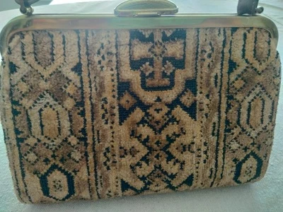 Bolso vintage tapiz chenilla terciopelo alfombra asa superior patrón geométrico marrón  Foto 1 de 4