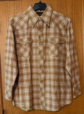 男式 Champion 西部棕色格子设计长袖珍珠扣,大号 — 第 1/4 张图片