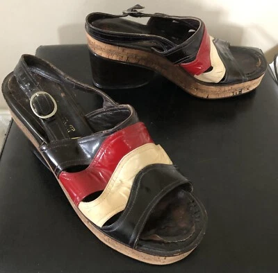 复古 60 年代凉鞋 意大利制造漆皮厚底软木 尺寸 8 Blk 红色 罕见 — 第 1/4 张图片