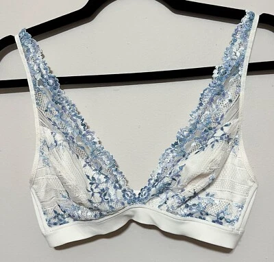 Bralette inalámbrico Wacoal azul/blanco de encaje metálico talla 36 usado en excelente estado Foto 1 de 2
