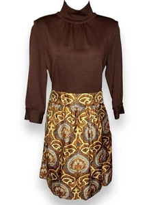 Milly of New York Brown Paisley Mock Neck Dress sz 6 Vintage Silk Wool Mod - Picture 1 of 10