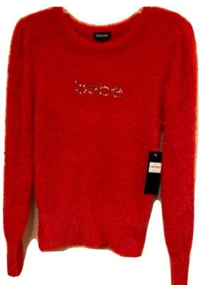 NEW w/TAG $79 BEBE EMBELLISHED LOGO RED FUZZY STRETCH SWEATER LONG SLEEVE size S - Image 1 of 4
