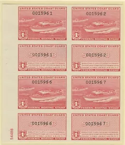RVB1, Boating Stamps Plate Block of 8 - $1.00 rose red Mint Never Hinged - Picture 1 of 1