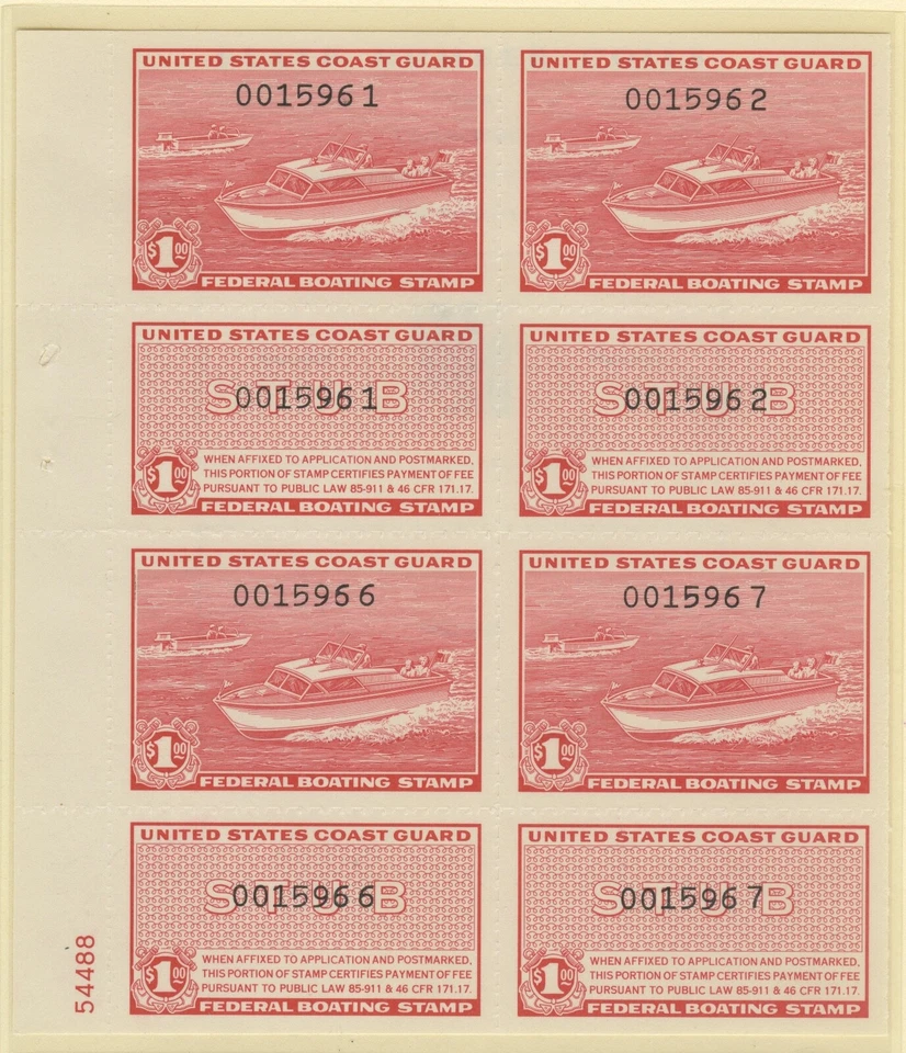 RVB1, Boating Stamps Plate Block of 8 - $1.00 rose red Mint Never Hinged - Image 1 of 1