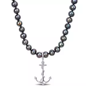 Amour 7-7.5mm Black Cultured Freshwater Pearl Men's Necklace with Large Lobster - Picture 1 of 5