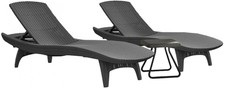 Grey All-Weather Adjustable Resin Patio Chaise Pool Lounger Side Table 3-Piece