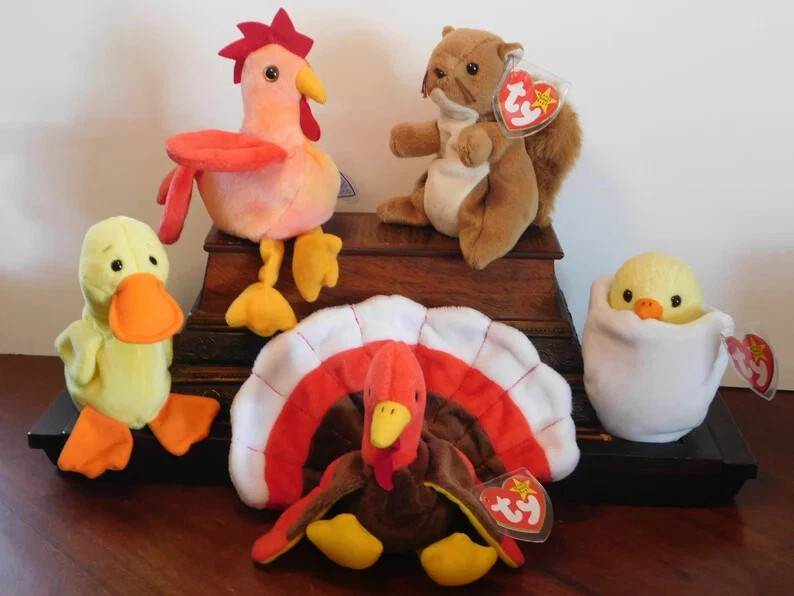TURKEY BEANİE BABY AND IT'S FRİENDS, VİNTAGE,1990'S,STRUT,NUTS,DUCK,GOBBLES,EGG - Imagem 1 de 1