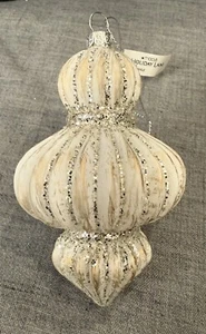 Holiday Lane Blown Glass White Gold Ornament Finial Vintage Look Glitter 4” - Imagen 1 de 3