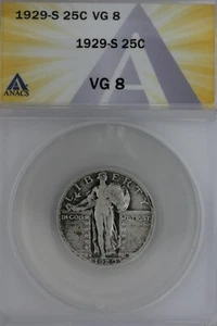 1929-S .25 ANACS VG 8 Standing Liberty Quarter, Liberty 25 Cents - Picture 1 of 2