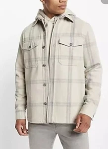 EXPRESS Wool Blend Button Front Shirt Shacket, Men's Medium Tall, Oatmeal & Grey - Picture 1 of 8