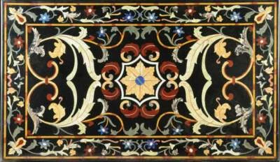 4'x2.5' Black Marble Center Dining Table Top Inlay PietraDura Work Home room - Image 1 of 4