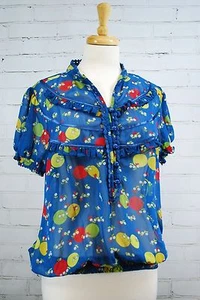 Kimchi & Blue Urban Outfitters Sheer Blouson Shirt Top Short Sleeve Blue Print L - Picture 1 of 10