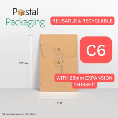 C6 A6 (162 x 114mm) Brown Manilla String & Washer Envelopes (Gusset) Button Tie - Image 1 of 4