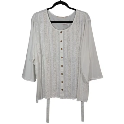 Soft Surroundings 女式加 3X 纽扣前蕾丝刺绣衬衫白色波西米亚 — 第 1/4 张图片