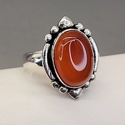 Carnelian 戒指 椭圆形 橙色 银色 7.5 — 第 1/4 张图片