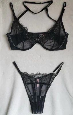 NWT Victoria's Secret Very Sexy Faux Leather Bra Thong Set 38D / XL Black - Image 1 of 4