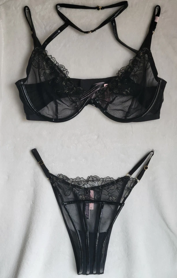 NUEVO CON ETIQUETAS Victoria's Secret Conjunto Tanga Sujetador Imitación Cuero 38D/XL Negro Foto 1 de 4