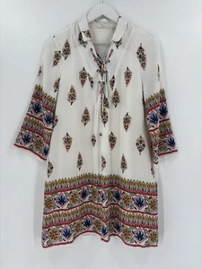 Entro Tunic Dress Womens Medium White Bohemian Floral Tie Front 3/4 Sleeves - Picture 1 of 21