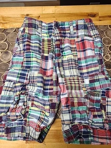 Gap Kids Cargo Shorts Boys 8 Madras Patchwork Plaid Adjustable Waist Cotton 9" - Picture 1 of 4
