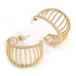 Small Gold Tone with Bar Element Half Hoop/ Creole Earrings - 25mm Diameter - Picture 1 of 6