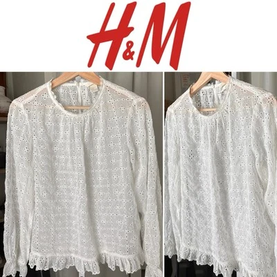Blusa Top H&M Semi Transparente Ojales Volantes Para Mujer Talla 8 Blanca Preppy Minimalista Foto 1 de 4