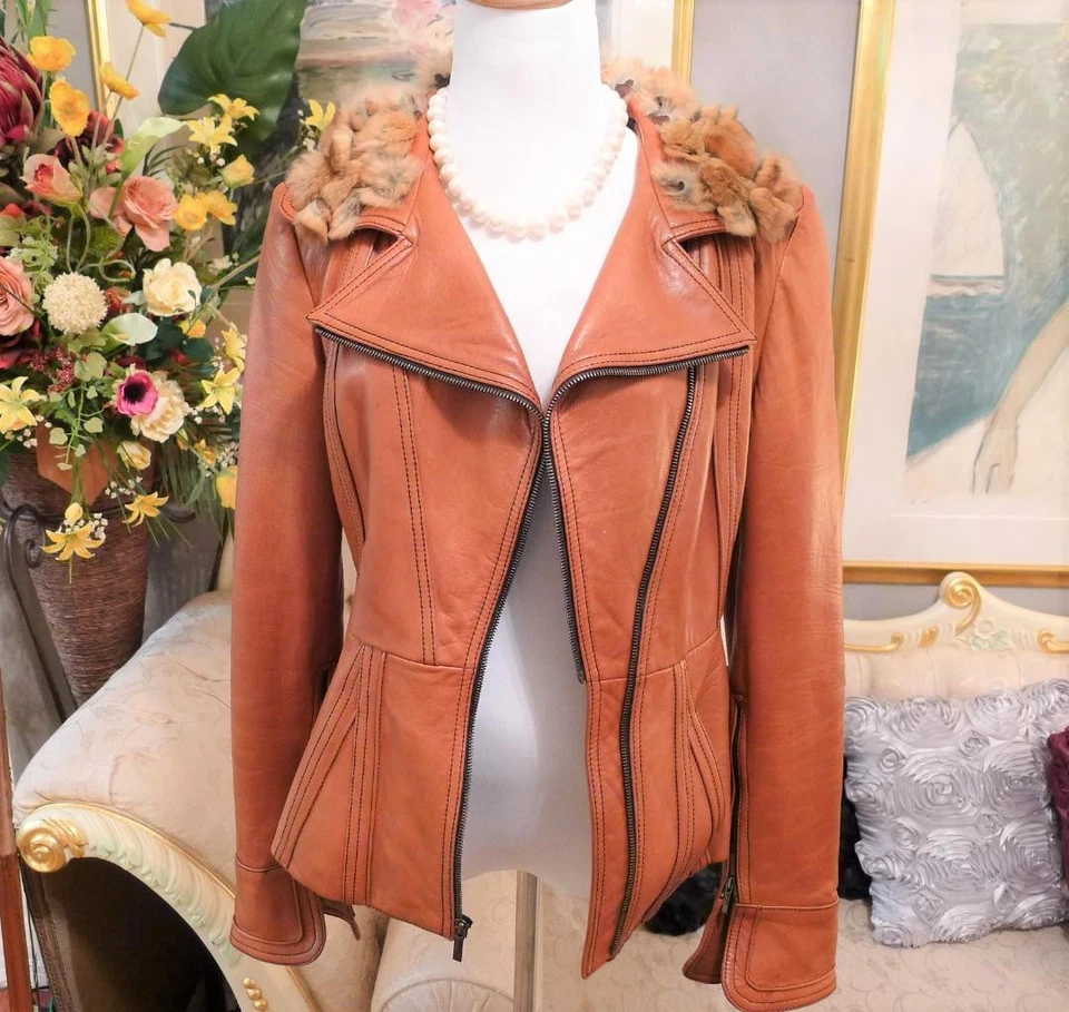 Chaqueta de Jinete de Cuero de Piel de Chinchilla FENDI Caramelo Talla Excelente Usada Japón Foto 1 de 4