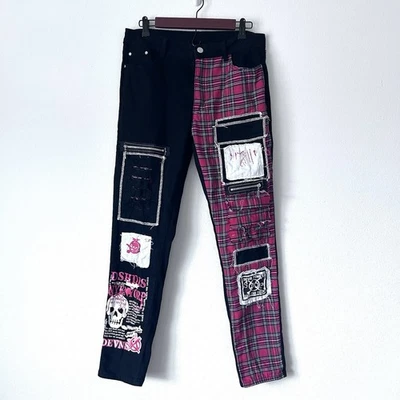 Punk Thrashed Black Flannel Zipper Skull Anarchy Devil Plaid Pants Sz 34 Unisex - Image 1 of 4