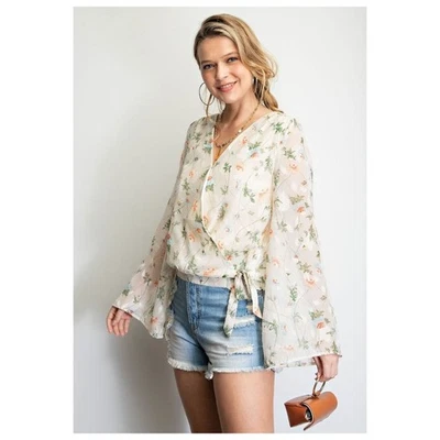 Easel Floral Print Boho Surplice Ivory Chiffon Blouse Tie Waist Long Sleeves, M - Image 1 of 4