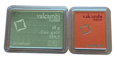 Barra combinada de oro Suiza 50 gramos 0,9999 original sellada UNC Valcambi Foto 1 de 2