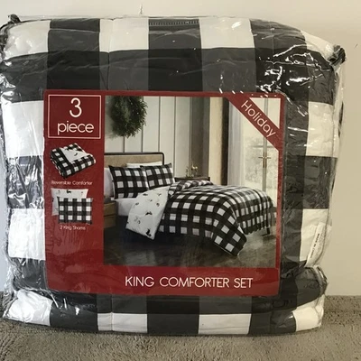 Nuevo Juego de Edredón King Reversible Navidad Blanco y Negro Búfalo Cuadros/Perros Foto 1 de 4