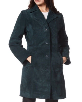 Elegant Navy Blue Women's Suede Leather Trench Coat Pure Sheepskin Designer Coat - Image 1 of 4