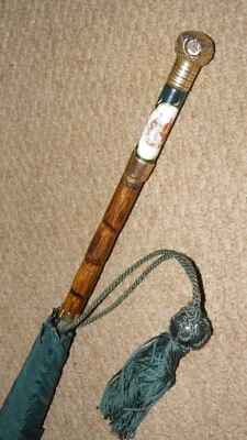 Antique Green Umbrella - Hand-Painted Porcelain Lady & Gent - Gold Furnishings - Image 1 of 4