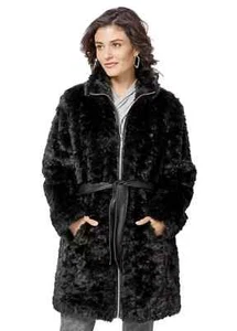 Faux Fur Teddy And Faux Leather Belt Long Zipped Jacket Coat Black Sizes 16 - Picture 1 of 8