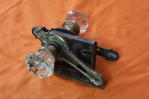 Antique RUSSWIN Door Lock w/ Glass Knobs Escutcheons LOOK Architecture Vintage Cover
