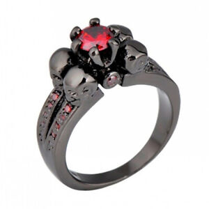 Men's 4 Skull Design Red Zircon Wedding Ring Black Gold Party Jewelry Size 10
