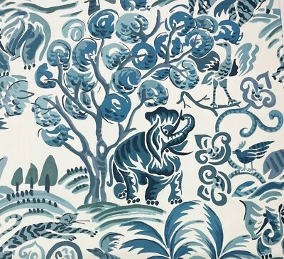 P KAUFMANN WILDERNESS PERSIAN BLUE ELEPHANT HORSE BIRD TIGER FABRIC BY YARD 54"W - Image 1 of 4