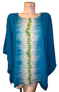 New QUACKER FACTORY Top XL Blue Embellished Tie Dye Caftan Kimono BOHO Vacation - Picture 1 of 6