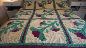 Antique Appliqued QUILT Flower Pattern, Green, Old Gold, Maroon, 74"x72" - Picture 1 of 10