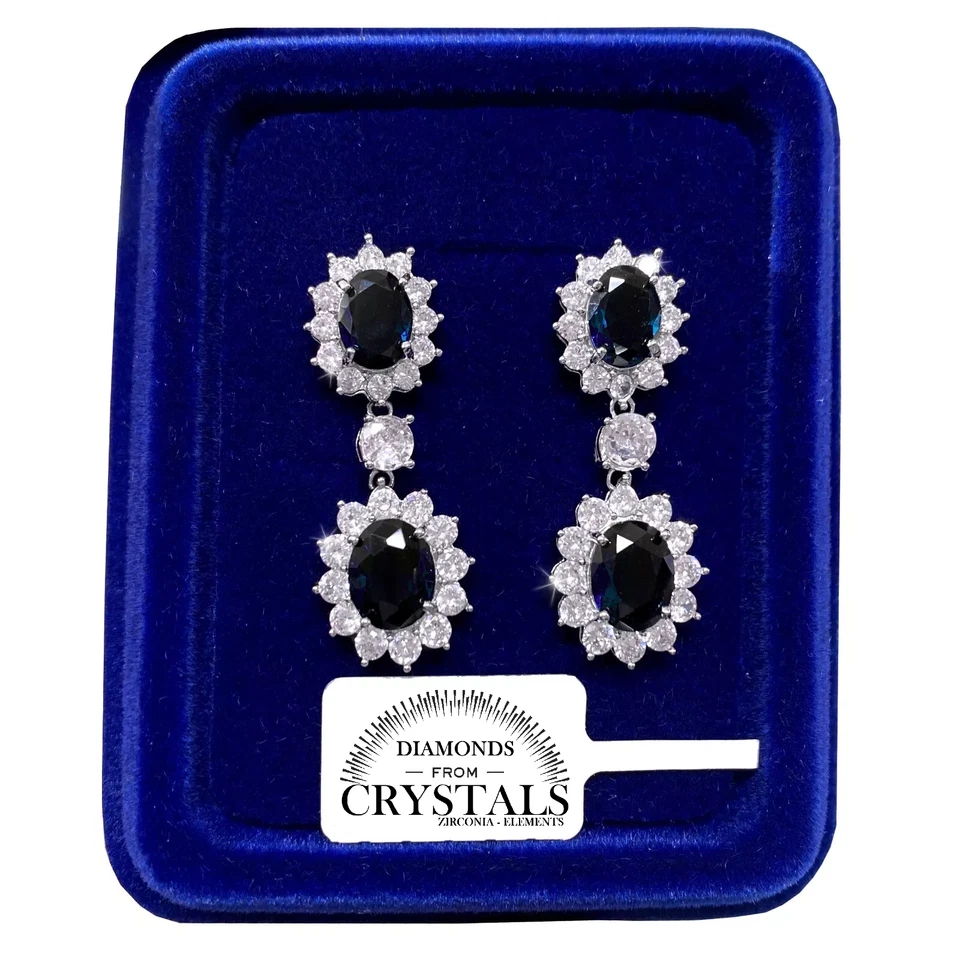 Orecchini da Donna Fiori Grandi pl. Oro Bianco 18K Cristalli Zirconi Blu R/03 - Immagine 1 di 4