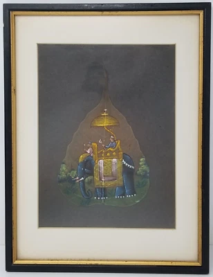 Rajasthani Rey sobre Elefante Hoja Peepal Pintura India Enmarcada De Colección Foto 1 de 4