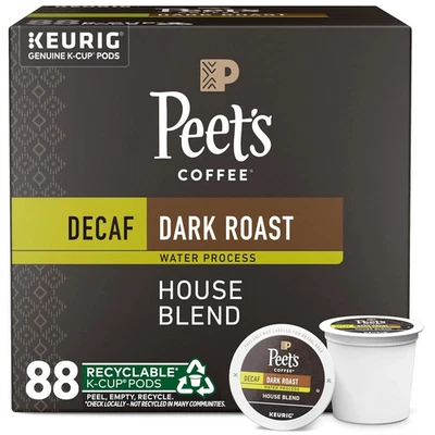 Peet's Coffee, Dark Roast Decaf Keurig K-Cup Pods - Decaf House Blend 88 Count